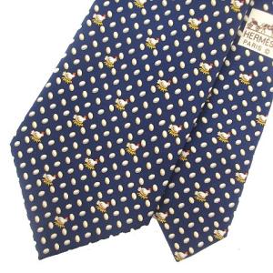 HERMES 7901MA ネクタイ レギュラータイ 総柄 ニワトリ柄 タマゴ柄 シルク100％ ネイビー 紺 IBO43