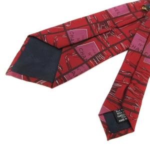 CHANEL ネクタイ 総柄 チェーン シルク100％ 赤 レッド ピンク系 マルチカラー IBO43
