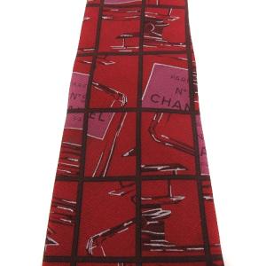 CHANEL ネクタイ 総柄 チェーン シルク100％ 赤 レッド ピンク系 マルチカラー IBO43