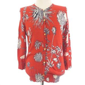 カーディガン 長袖 花柄 総柄 コットン カシミヤ混 レッド 赤 S IBO43