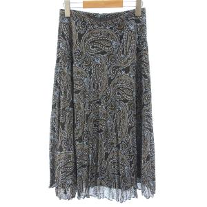 Aquascutum 美品 ひざ丈 プリーツスカート ジップ ペイズリー柄 9 M 青 ブルー YGT