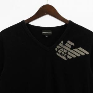 EMPORIO ARMANI Tシャツ カットソー 長袖 Vネック ロゴ プリント コットン混 黒 ブラック M トップス GY01