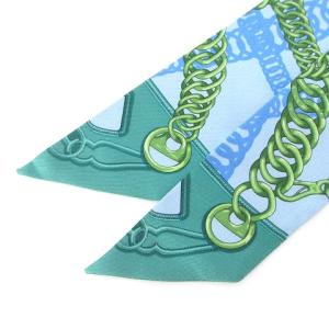HERMES ツイリー スカーフ チェーン柄 シルク100％ 水色 グリーン