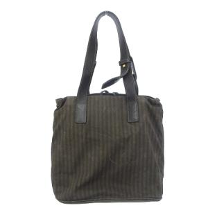 FENDI ペカン柄 ハンドバッグ ストライプ キャンバス レザー カーキ系 鞄 GY04