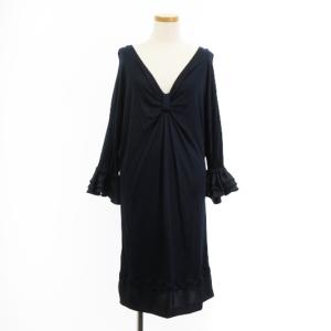 ワンピース ひざ丈 長袖 チュニック Vネック フリル プルオーバー ストレッチ レーヨン 紺 ダークネイビー 36