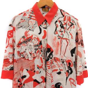 FENDI ブラウス シャツ 半袖 プリント 総柄 ロゴボタン レッド ホワイト シルク混 JI38 S位