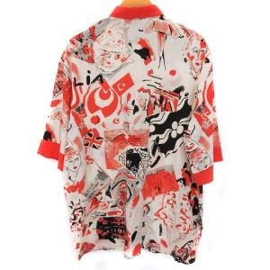 FENDI ブラウス シャツ 半袖 プリント 総柄 ロゴボタン レッド ホワイト シルク混 JI38 S位