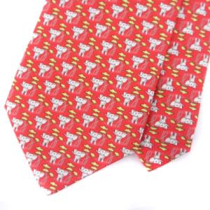 タグ付き ネクタイ レギュラータイ 象柄 総柄 ロゴ シルク100％ レッド 赤 GY11