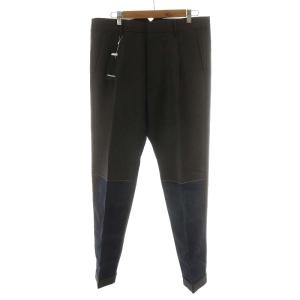 タグ付き パンツ スラックス 切替 デニム地 ジッパーフライ ストライプ ウール 48 M 茶 ブラウン 紺 ネイビー S71KB0394