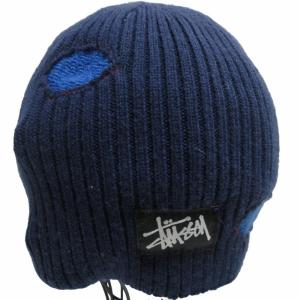 STUSSY ニット帽 ビーニー 帽子 缶バッジ付き リメイク ロゴ刺繍 紺 ネイビー F フリーサイズ