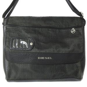 DIESEL メッセンジャーバッグ ショルダー 斜めがけ レザー 格子 メッシュ フラップ 黒 ブラック 鞄 GY01