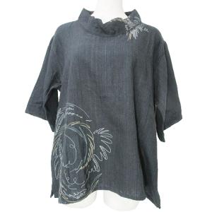 J0101FB322 半袖 カットソー ハイネック コットン シルク 刺繍 カットオフ M 黒 ブラック X