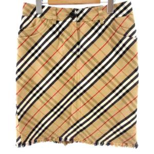 ノバチェック ひざ丈 スカート 台形 ボトムス コットン リネン フリンジ ジッパーフライ ベージュ 40 L相当