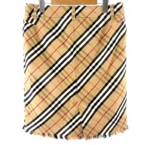 BURBERRY LONDON ノバチェック ひざ丈 スカート 台形 ボトムス コットン リネン フリンジ ジッパーフライ ベージュ 40 L相当