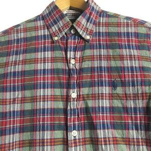 RALPH LAUREN タグ付き Bleeding Madras シャツ 長袖 チェック ボタンダウン BD ワンポイント ロゴ刺繍 ネイビー系 グリーン系