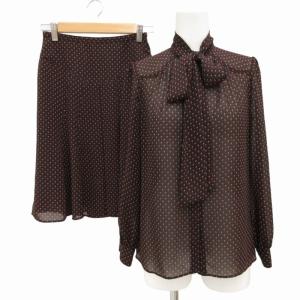 セットアップ 長袖シャツ ブラウス フレアスカート ひざ丈 総柄 リボン 32 34 M 黒 ブラック 赤 レッド GY31
