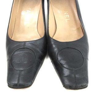 CHANEL ココマーク パンプス レザー スクエアトゥ ヒール 黒 ブラック 35.5 約22.5cm