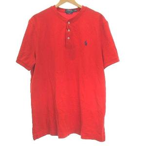 タグ付き Tシャツ カットソー 半袖 ヘンリーネック ワンポイント ロゴ刺繍 赤 レッド L