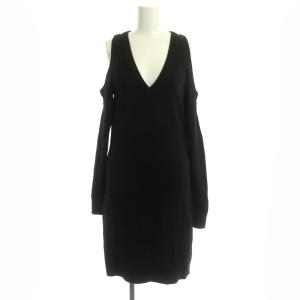 オープンショルダーニットワンピース ひざ丈 Vネック 長袖 XS 黒 ブラック