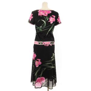 LEONARD FASHION セットアップ カットソー 半袖 スカート ロング 花柄 コットン 黒 ブラック ピンク M 67 GY03