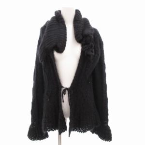 カーディガン ニット 長袖 リボン フレア モヘア 46 L 黒 ブラック