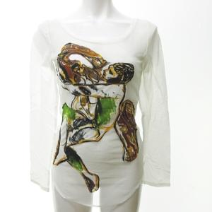 カットソー Tシャツ ロンT 長袖 メッシュ 絵画調 刺繍 白 オレンジ M