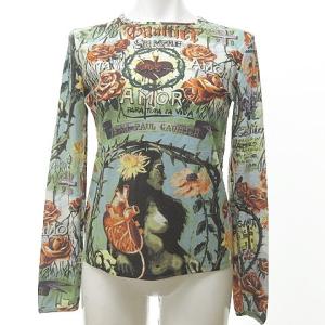 カットソー 長袖 総柄 薔薇 水色 黄緑 40 