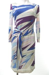 ワンピース 七分袖 膝丈 ベルト付き プッチ柄 総柄 白 青系