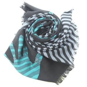 ストール マフラー ショール ストライプ シルク ウール混 黒 緑 グレー