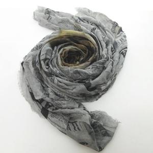 ストール マフラー 薄手 シアー ニュースペーパー柄 総柄 ウール混 グレー