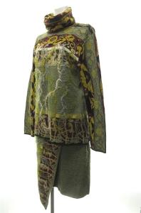 KENZO ヴィンテージ セットアップ ニット スカート 総柄 ウール混 緑系 L