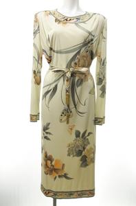 ワンピース ミディ丈 ロング 長袖 花柄 総柄 シルク ベルト付 ベージュ 2 0421