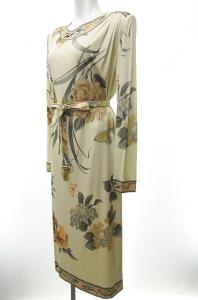 LEONARD ワンピース ミディ丈 ロング 長袖 花柄 総柄 シルク ベルト付 ベージュ 2 0421
