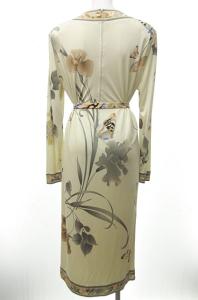 LEONARD ワンピース ミディ丈 ロング 長袖 花柄 総柄 シルク ベルト付 ベージュ 2 0421
