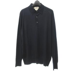 美品 ニット ポロシャツ 長袖 ウール イタリア製 無地 紺 ネイビー 54