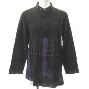 イッセイミヤケ 転写 比翼シャツ 長袖 スタンドカラー ウール 黒紫 2