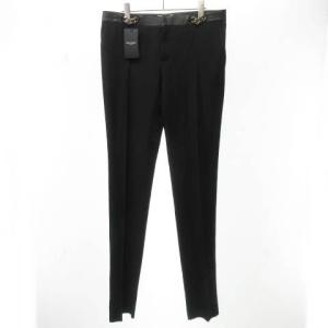 SAINT LAURENT PARIS パンツ スラックス チェーン装飾 レザー切替 センタープレス ウール 40 ブラック シルバー