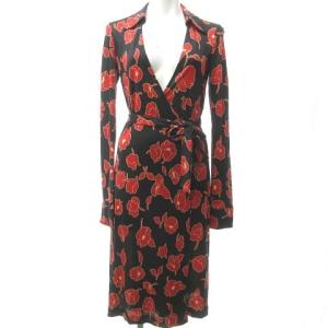 ヴィンテージ ラップ ワンピース 膝丈 シルク 花柄 0 XS ブラック レッド