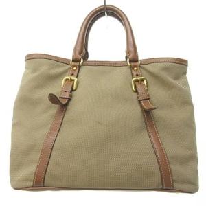 PRADA ロゴ ジャガード ハンドバッグ レザー キャンバス ベージュ ブラウン