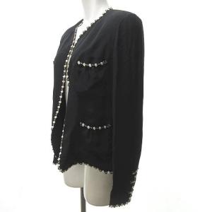 CHANEL ヴィンテージ 94C ノーカラージャケット フラワーモチーフ ココマーク シルク 38 ブラック