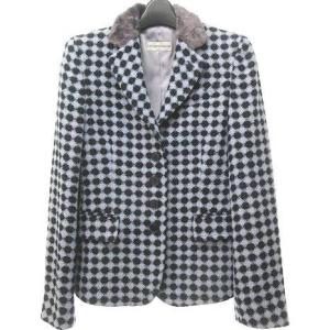 ファー付き ツイード テーラード ジャケット ブレザー 総柄 パープル ブラック 38