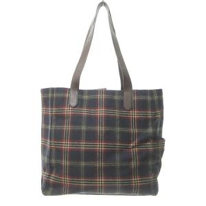 美品 ウール トートバッグ タータンチェック レザー ネイビー