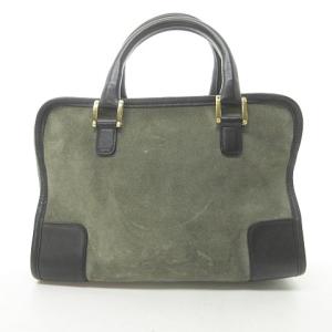 LOEWE アマソナ28 スエード ハンドバッグ ミニボストン アナグラム レザー カーキ