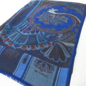 美品 定番 ペイズリー柄 ストール ショール スカーフ ウール カシミヤ イタリア製 総柄 青 ブルー 0125