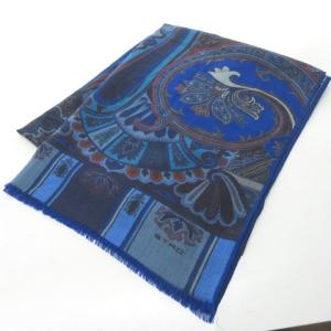 ETRO 美品 定番 ペイズリー柄 ストール ショール スカーフ ウール カシミヤ イタリア製 総柄 青 ブルー 0125