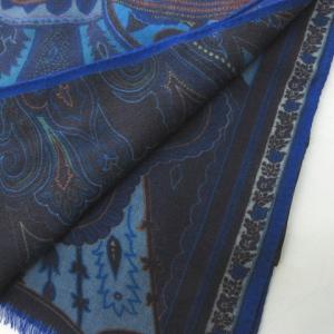 ETRO 美品 定番 ペイズリー柄 ストール ショール スカーフ ウール カシミヤ イタリア製 総柄 青 ブルー 0125