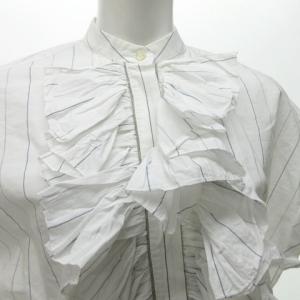 BRUNELLO CUCINELLI シャツ ブラウス ノーカラー 半袖 ビジュー フリル ストライプ ホワイト S 0130  STK