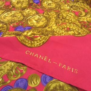 ヴィンテージ スカーフ 大判 ココマーク プリント シルク ピンク ゴールド