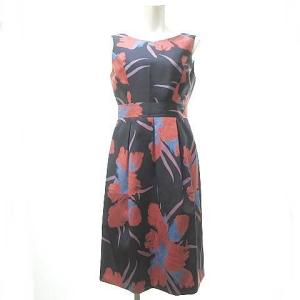 近年モデル ワンピース ビッグフラワー ジャガード ノースリーブ 膝丈 花柄 ネイビー