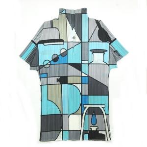 ISSEY MIYAKE ジオメトリック シャツ ブラウス 総柄 モンドリアン調 日本製 ブルー